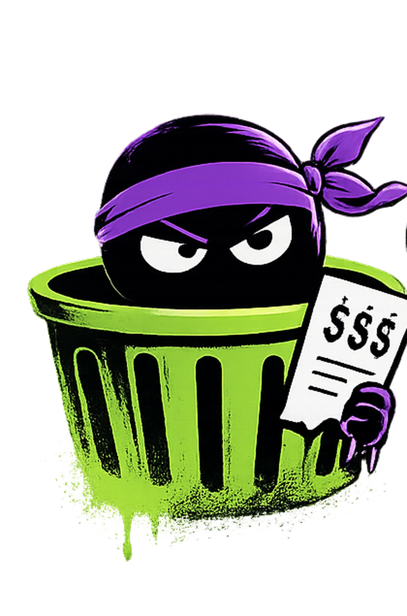 Charge Ninja mascot — a ninja popping out of a trash can holding a receipt